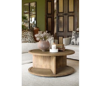 round wooden coffee table with rattan inlay