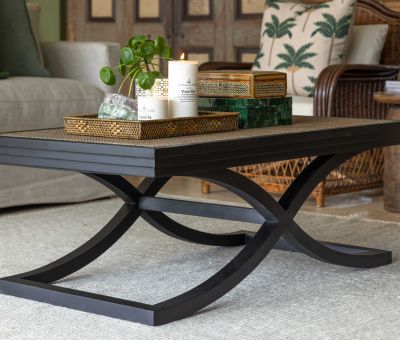 Cross leg coffee table with rattan inlay top