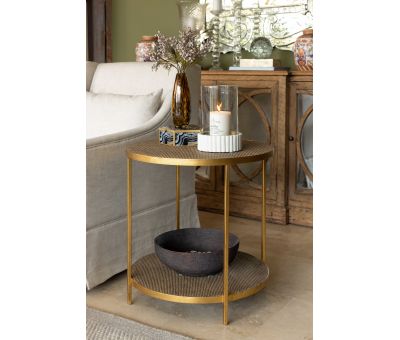 round side table with bottom shelf rattan inlay