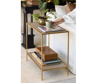 Rectangular side table with gold metal frame and rattan inlay 