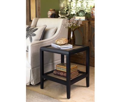 black side table with rattan inlay