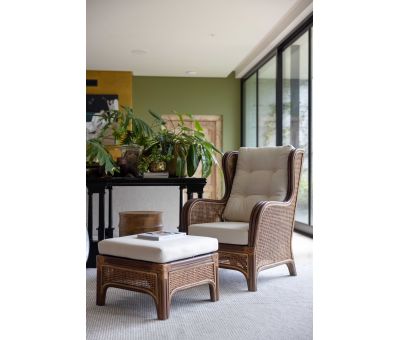 Cane and rattan wingback chair with footstool 