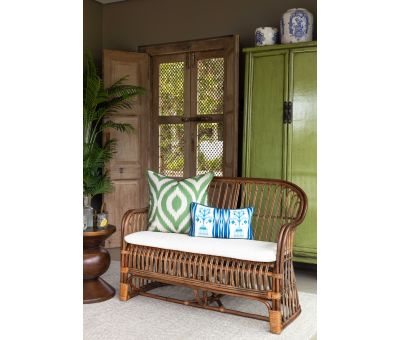 cane and rattan small sofa with seat cushion