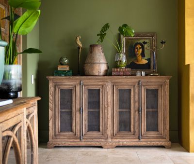 Elm wood sideboard with chicken wire doors