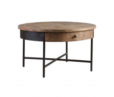 round elm coffee table with metal cross base