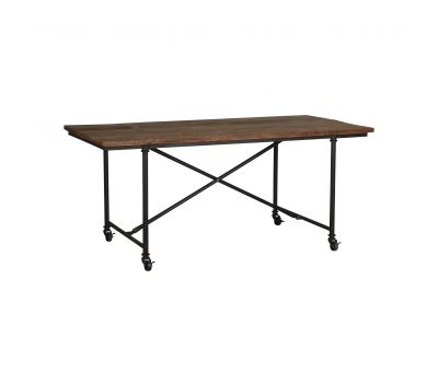 industrial style dining table with metal legs and wood top.