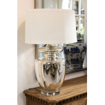 silver lamp base with white shade