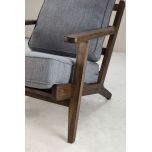 Modern armchair, wooden frame with light grey back and seat cushion