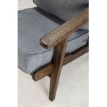 Modern armchair, wooden frame with light grey back and seat cushion