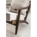 Modern armchair, wooden frame with light grey back and seat cushion