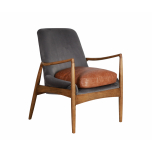 mid-century modern design Hackberry wood legs and plush leather and velvet seat