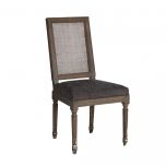 french style dining chait with rattan back and charcoal seat upholstery 