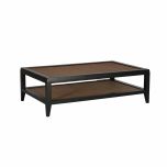 black frame coffee table with rattan inlay and bottom shelf 