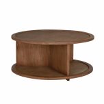 round wooden coffee table with rattan inlay