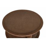 round wooden coffee table with rattan inlay