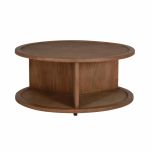 round wooden coffee table with rattan inlay