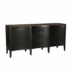 Black sideboard with doors and drawers, rattan inlay on top 