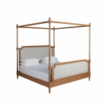 wooden 4 poster bed with fabric headboard and footboard