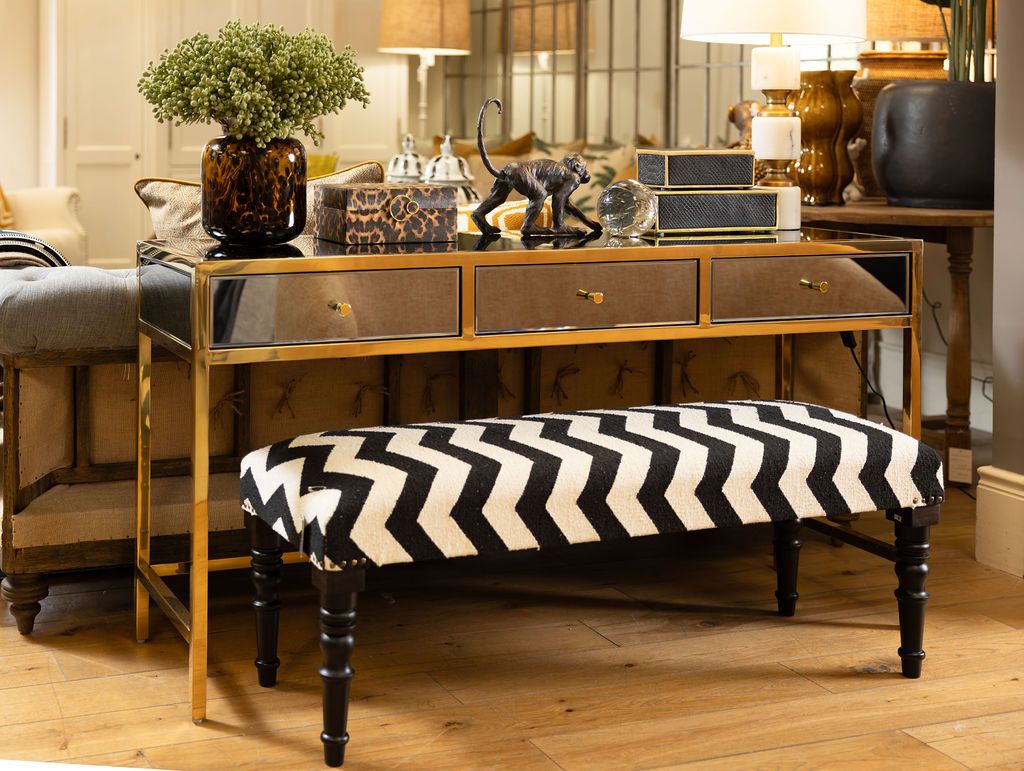 mirrored gold console with 3 drawers