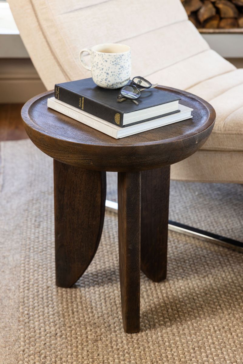 round wooden side table with 3 legs