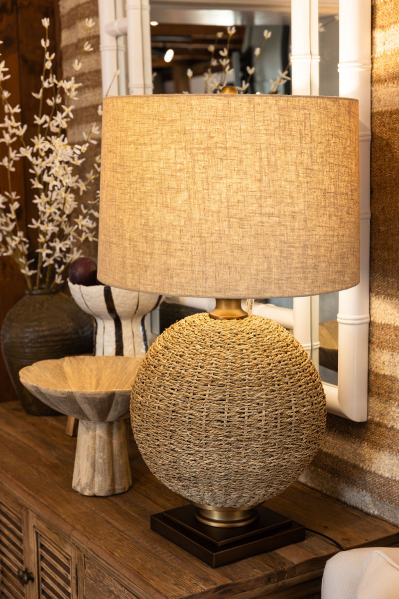 natural rope round lamp base with linen shade 