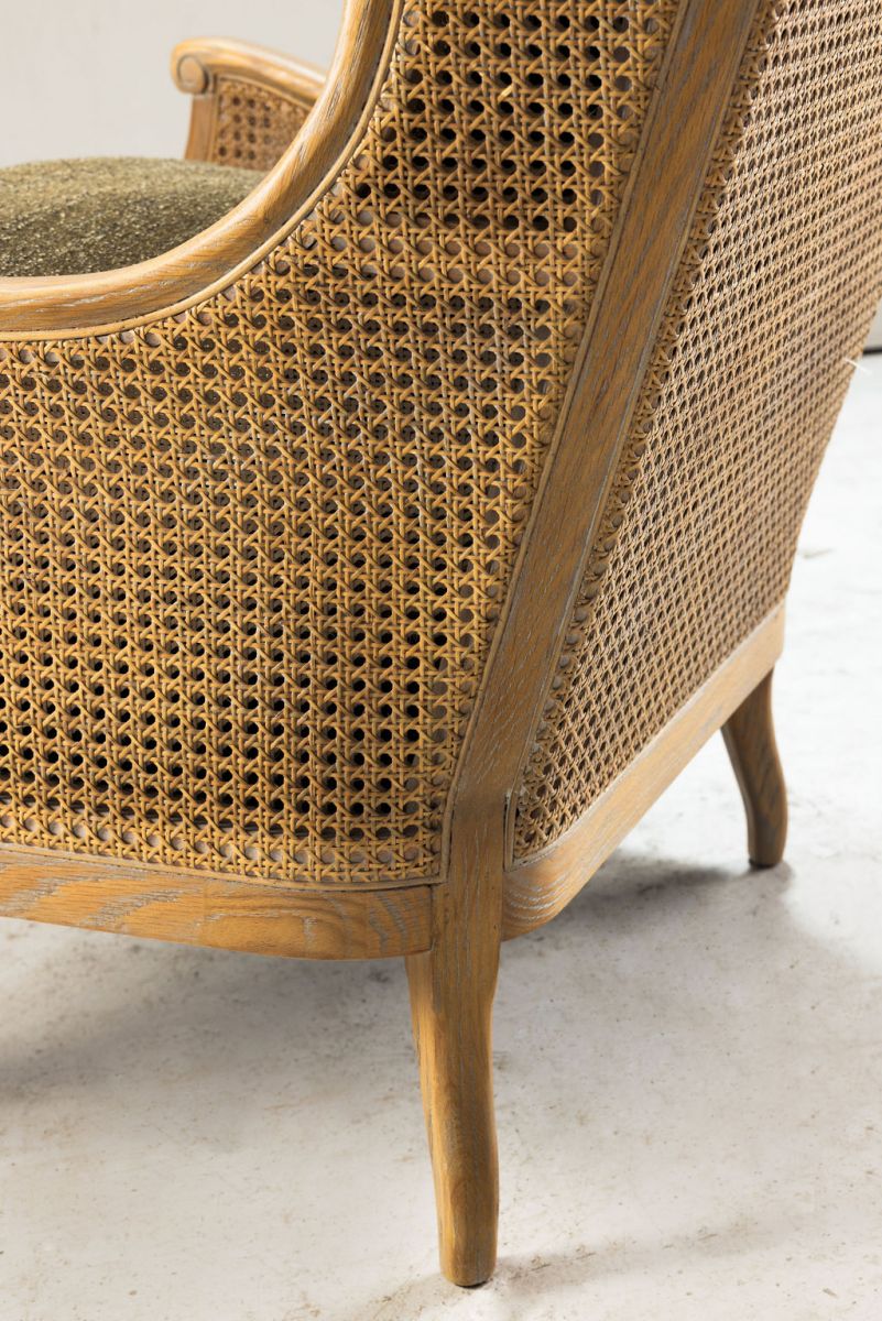 French style wingback chair with rattan detail 