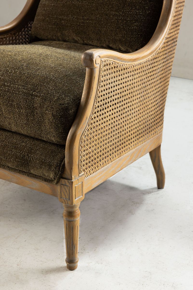 French style wingback chair with rattan detail 