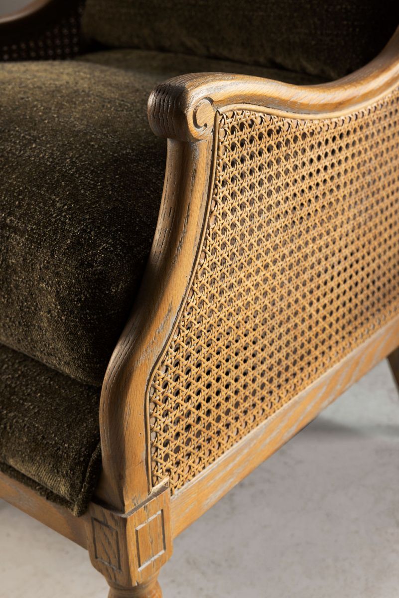 French style wingback chair with rattan detail 