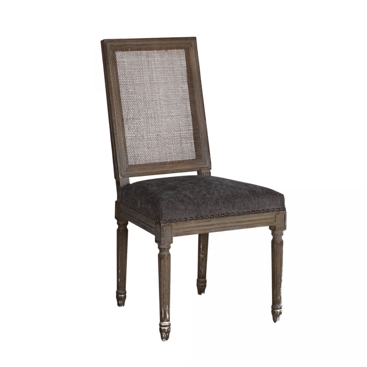 french style dining chait with rattan back and charcoal seat upholstery 