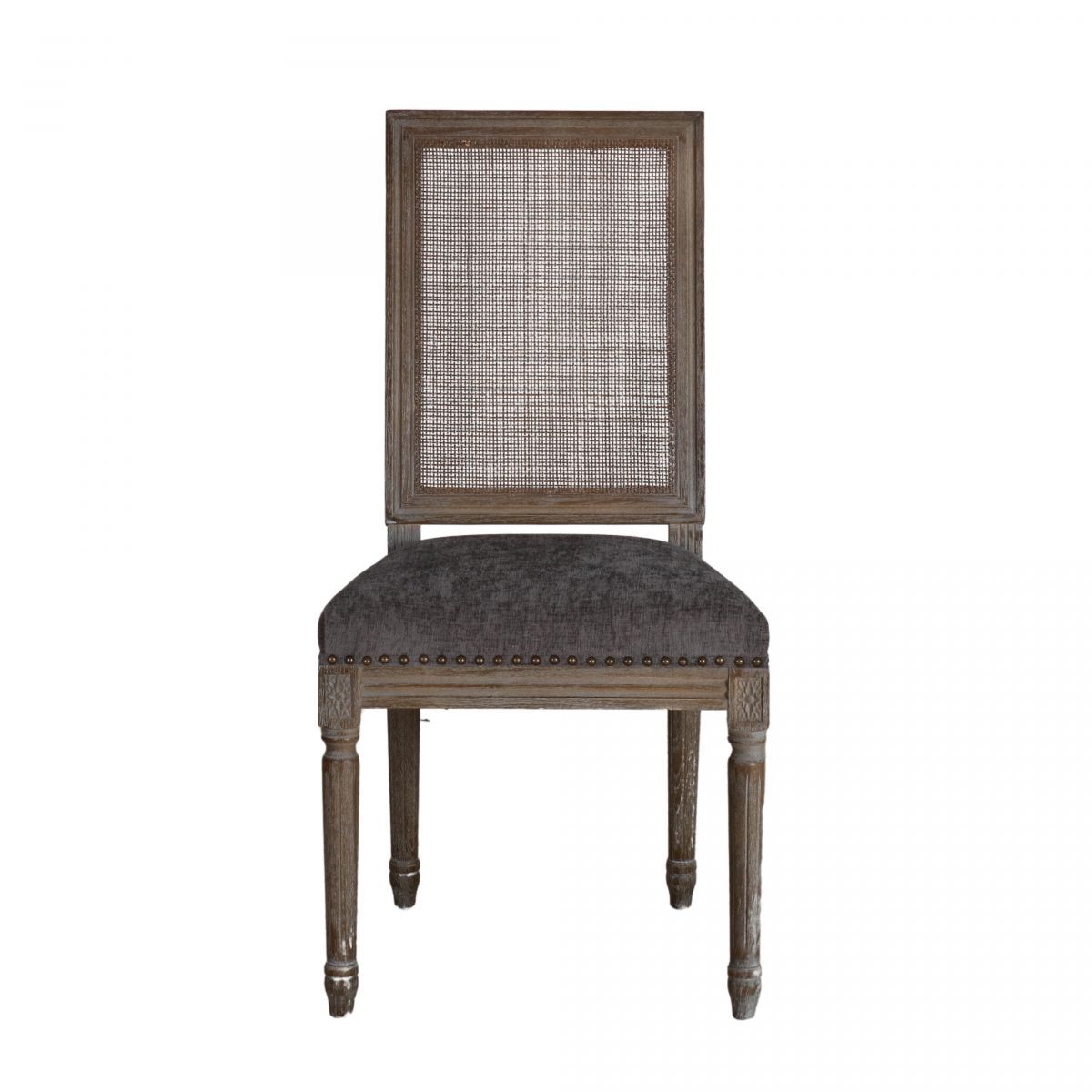 french style dining chait with rattan back and charcoal seat upholstery 