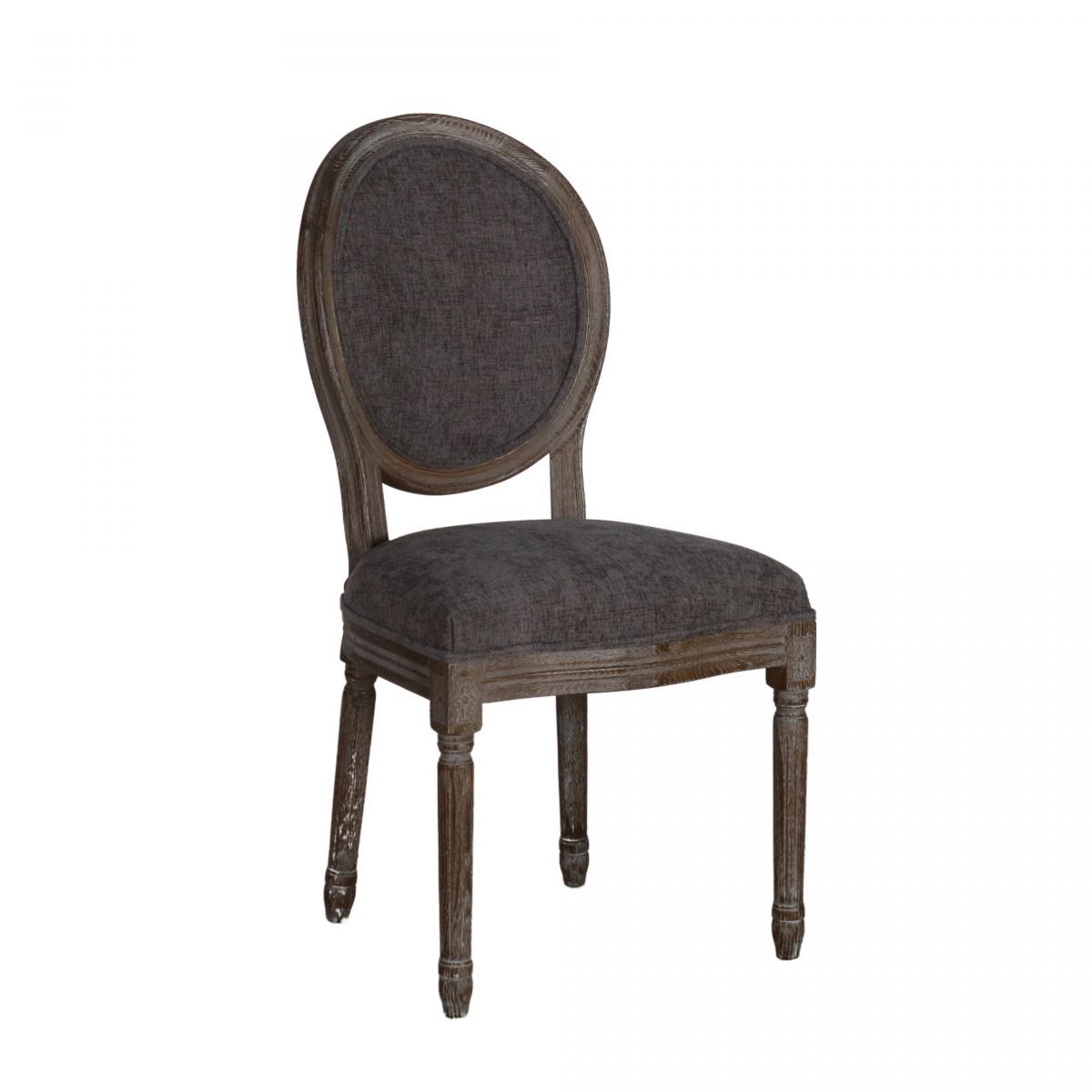 Oval back dining chair upholstered in charcoal with elm wood frame