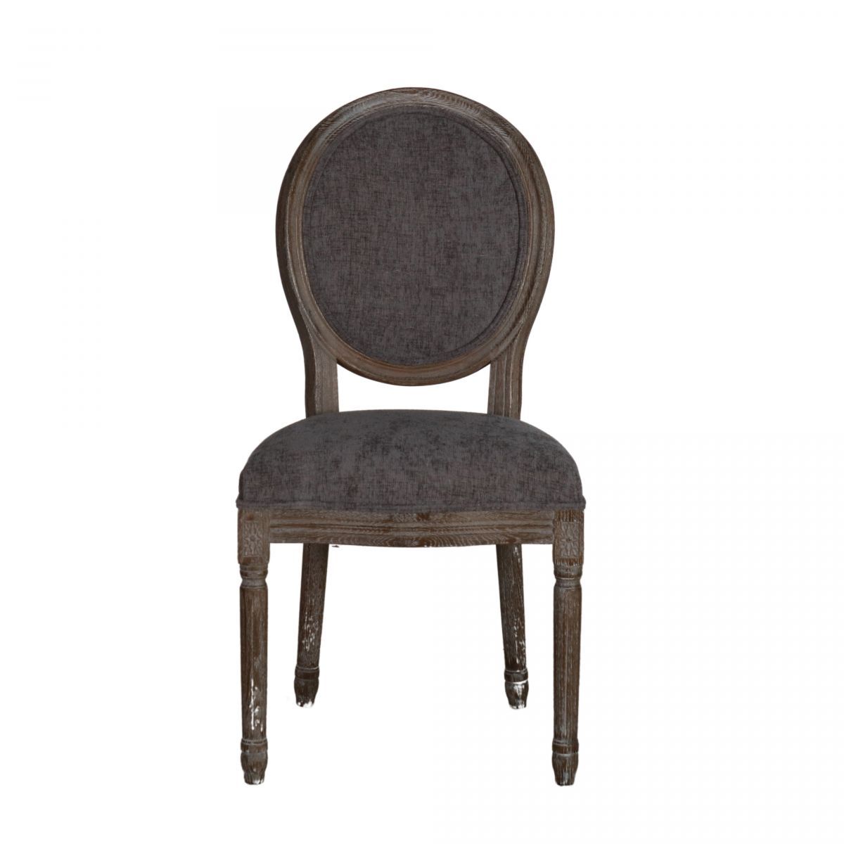 Oval back dining chair upholstered in charcoal with elm wood frame