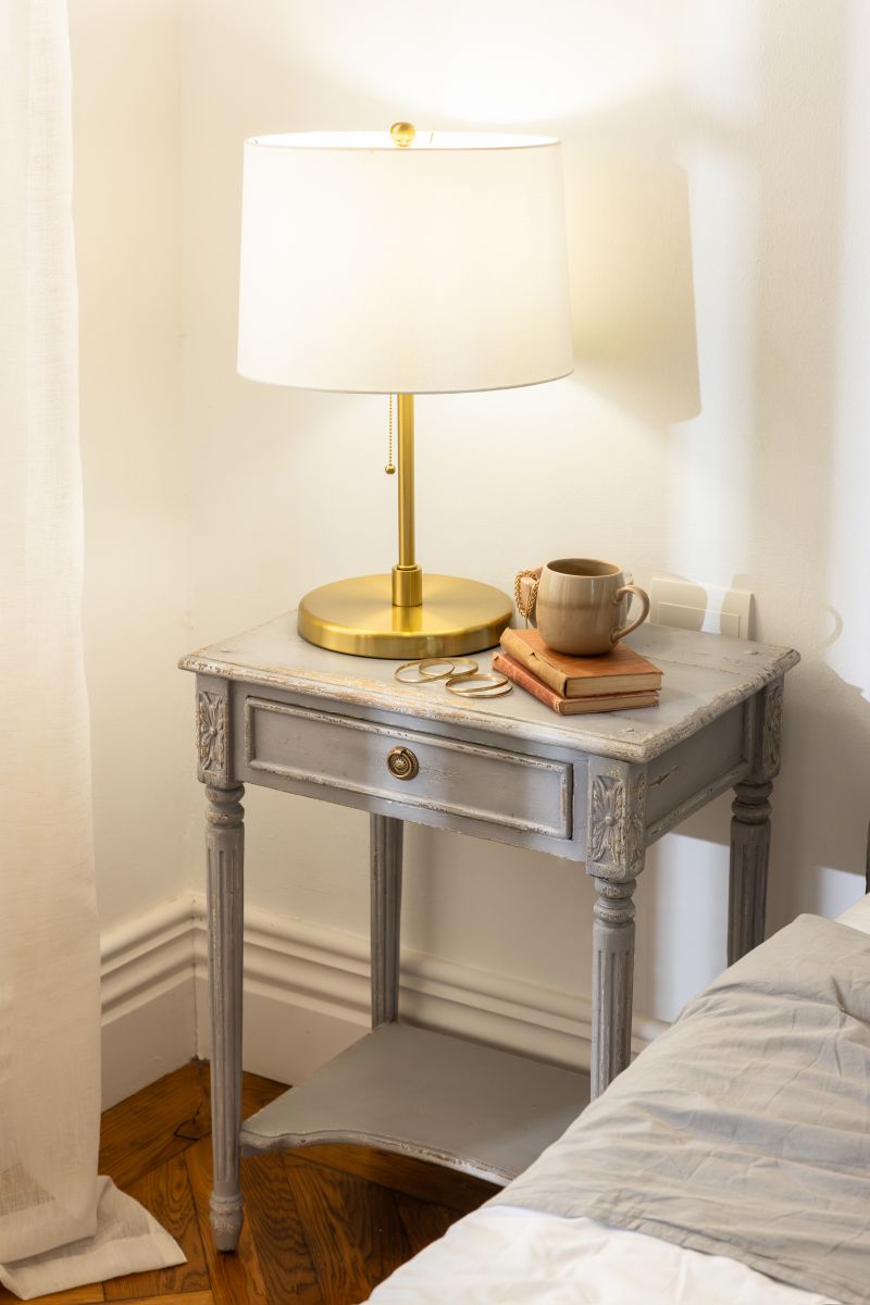 Block and chisel french style bedside table with shelf 