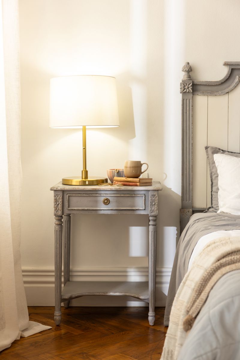 Block and chisel french style bedside table with shelf 