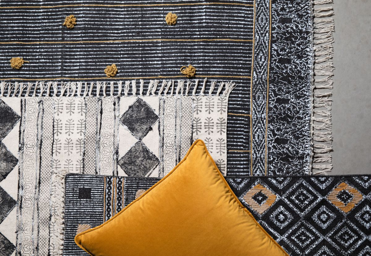 Indus rug in black with mustard diamond 