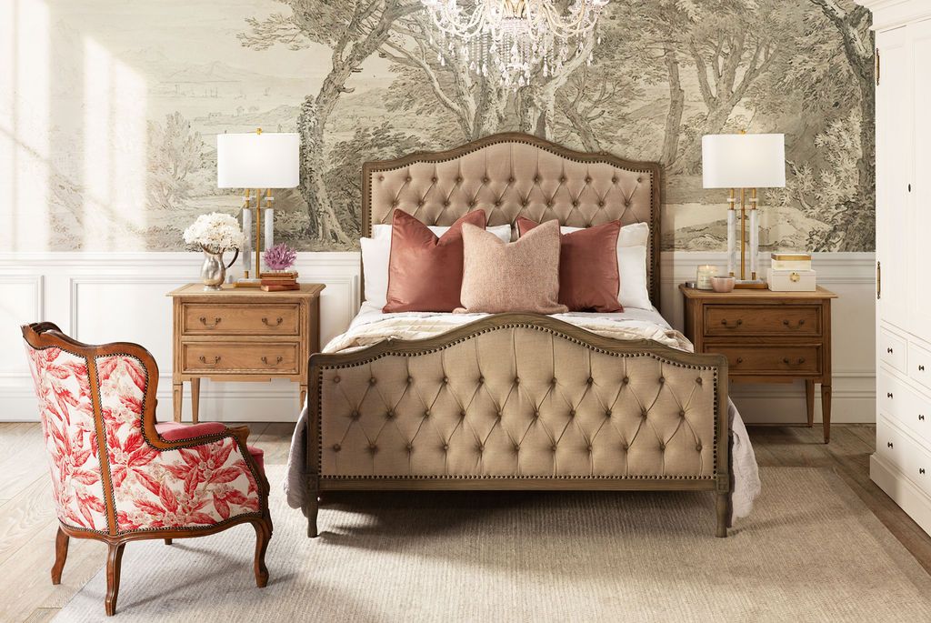 French style bed with deep button detail upholstered in linen