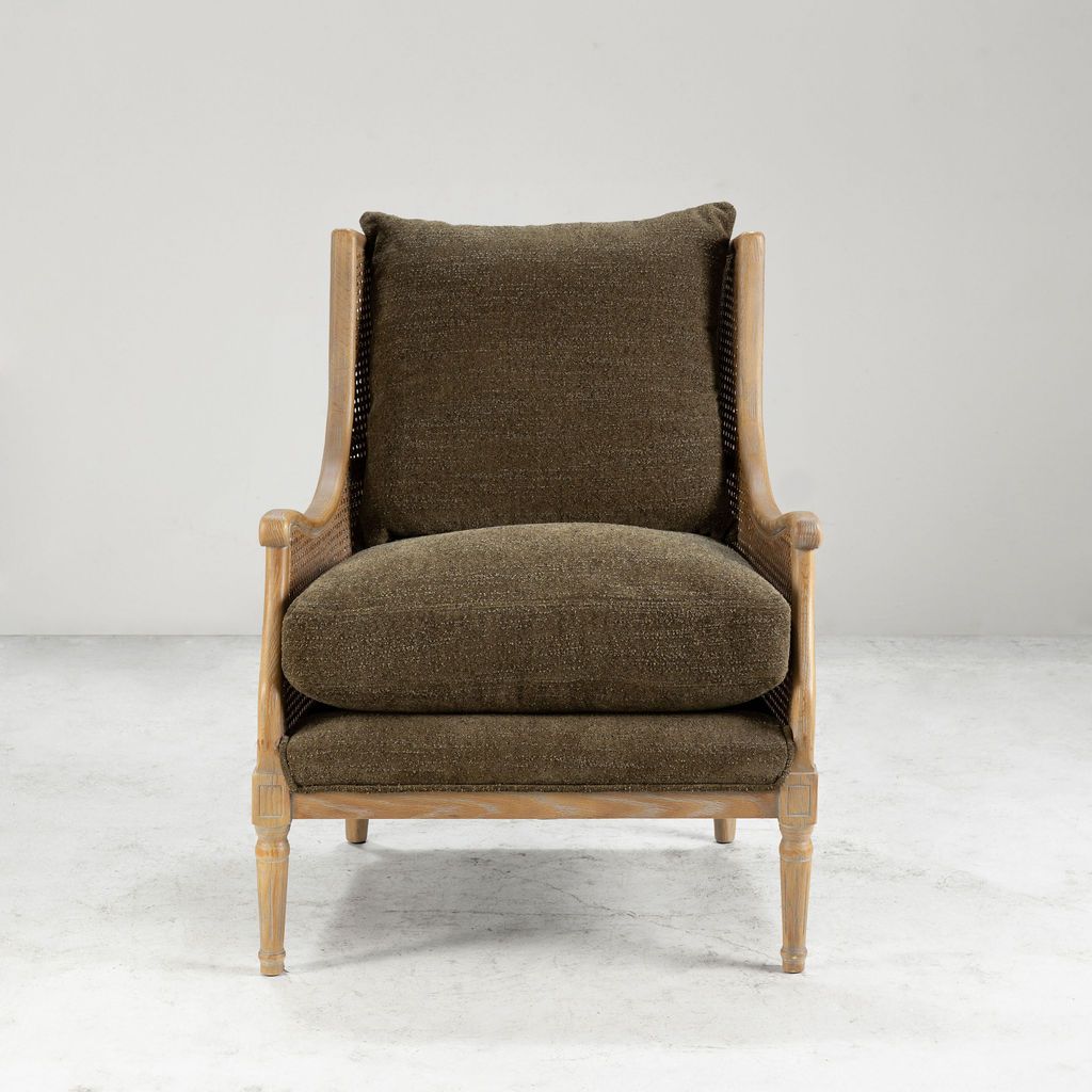 French style wingback chair with rattan detail 