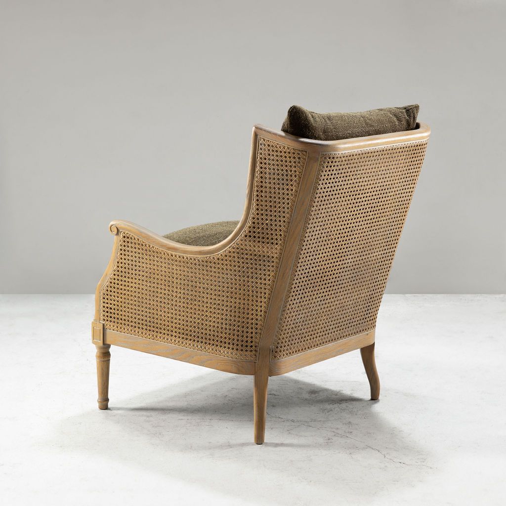 French style wingback chair with rattan detail 