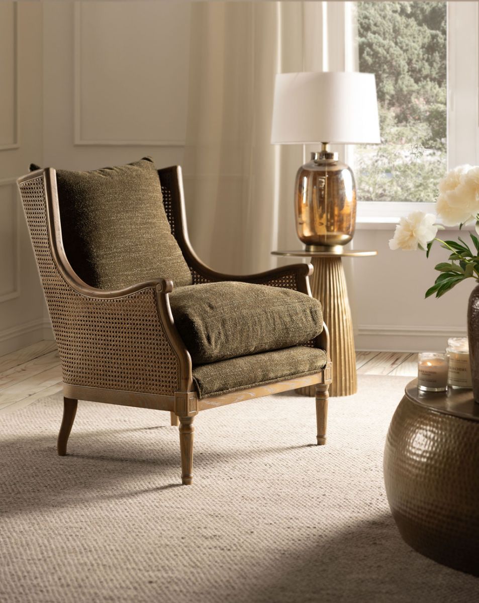 French style wingback chair with rattan detail 