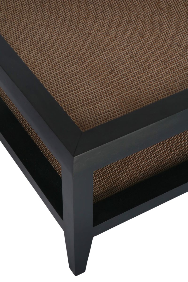 black frame coffee table with rattan inlay and bottom shelf 