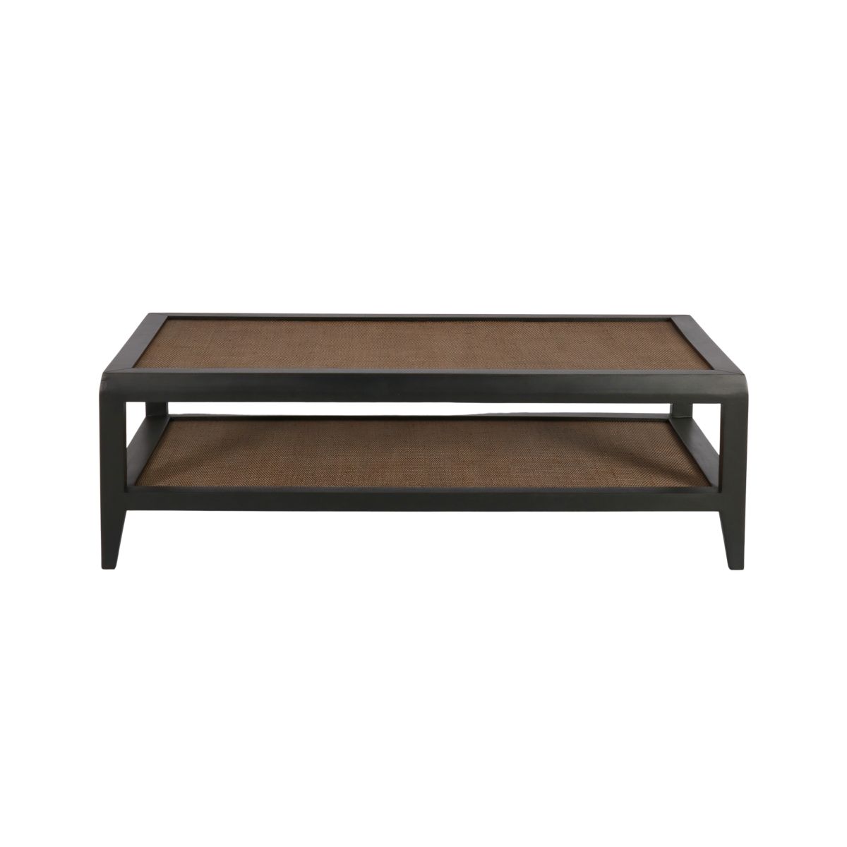 black frame coffee table with rattan inlay and bottom shelf 