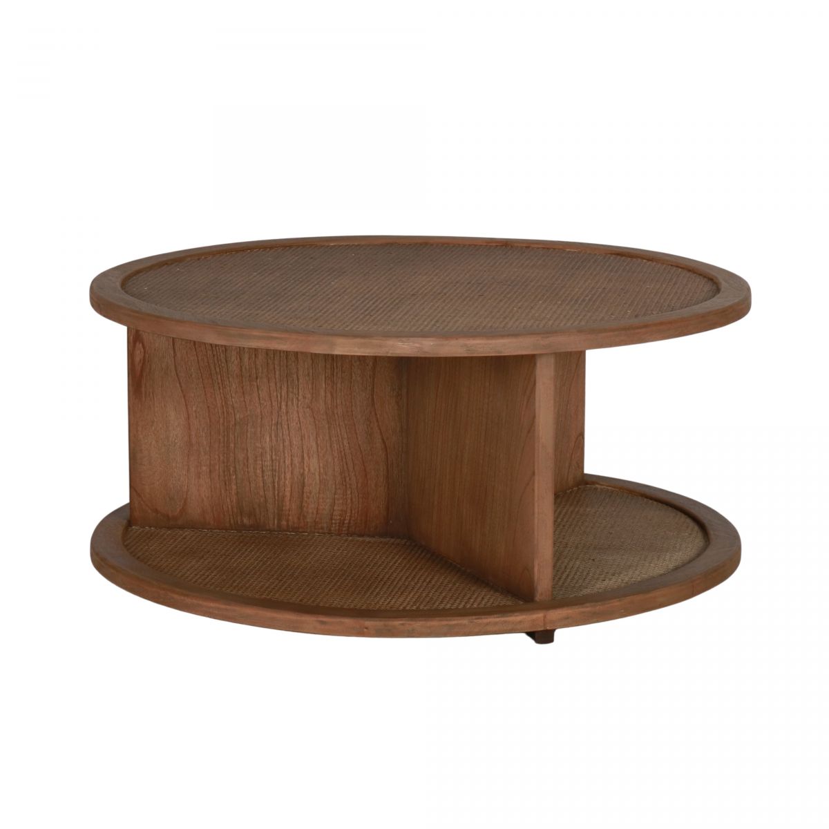 round wooden coffee table with rattan inlay