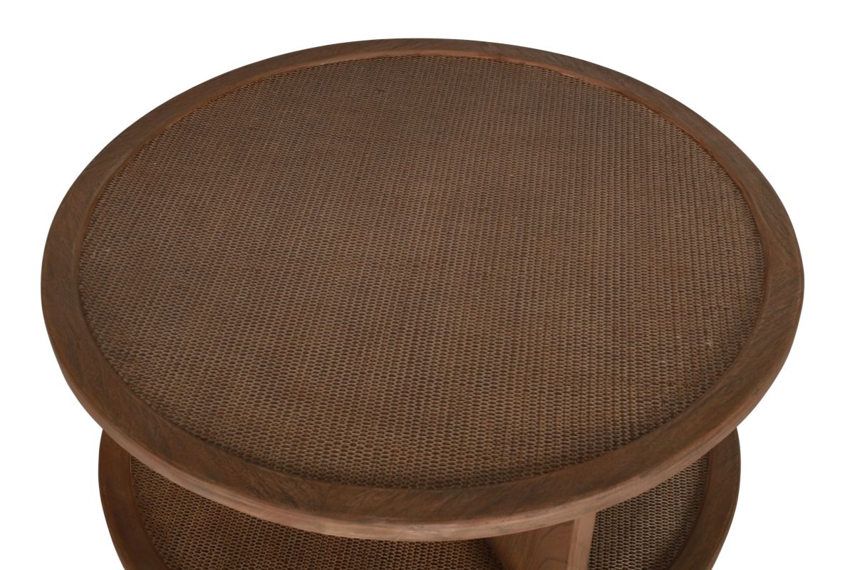 round wooden coffee table with rattan inlay