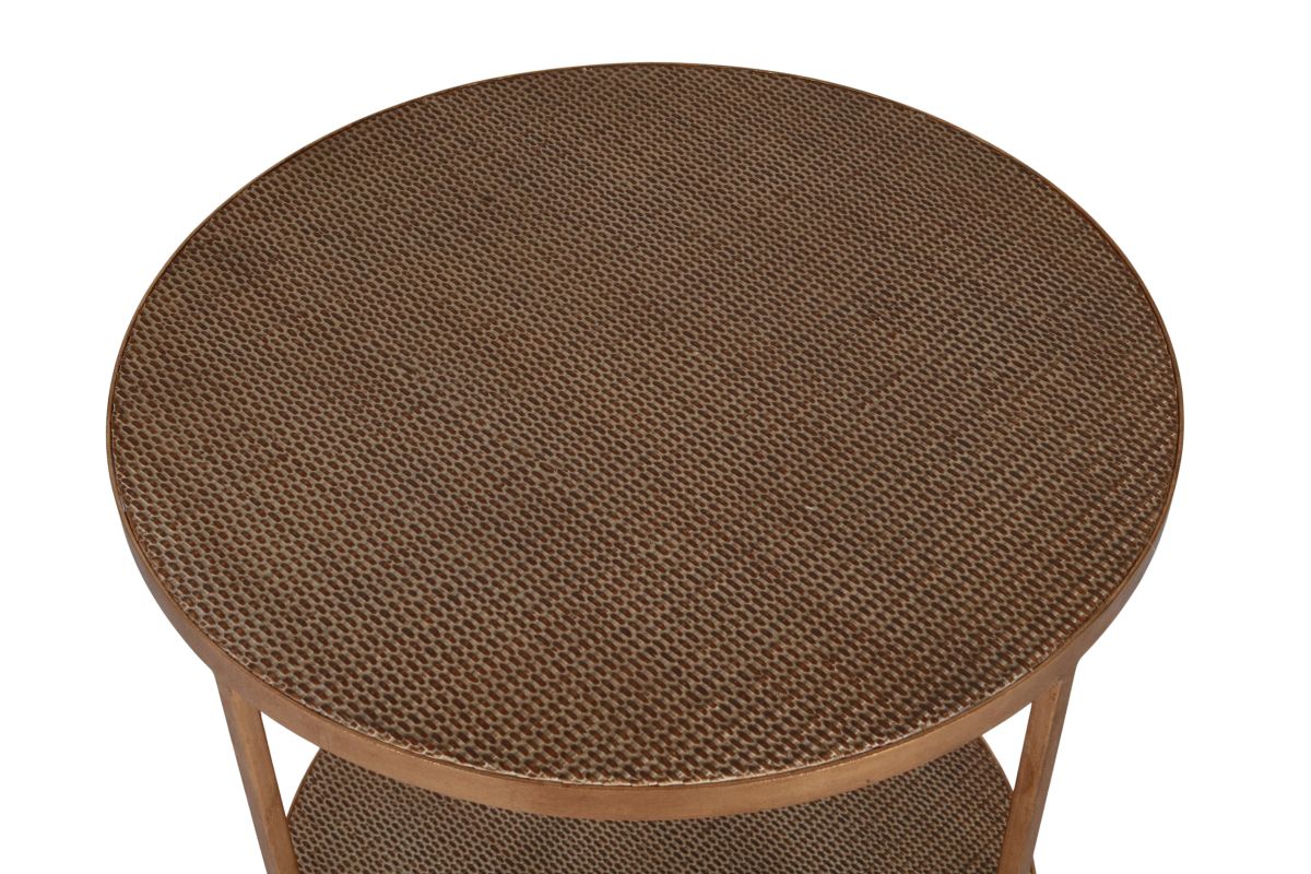 round side table with bottom shelf rattan inlay