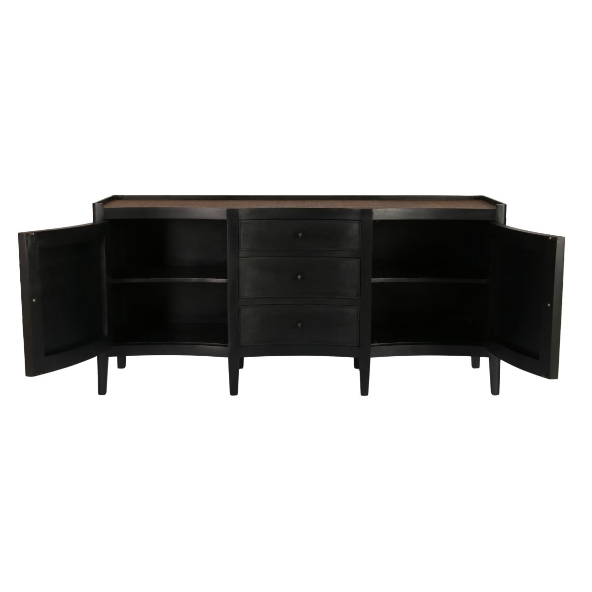 Black sideboard with doors and drawers, rattan inlay on top 