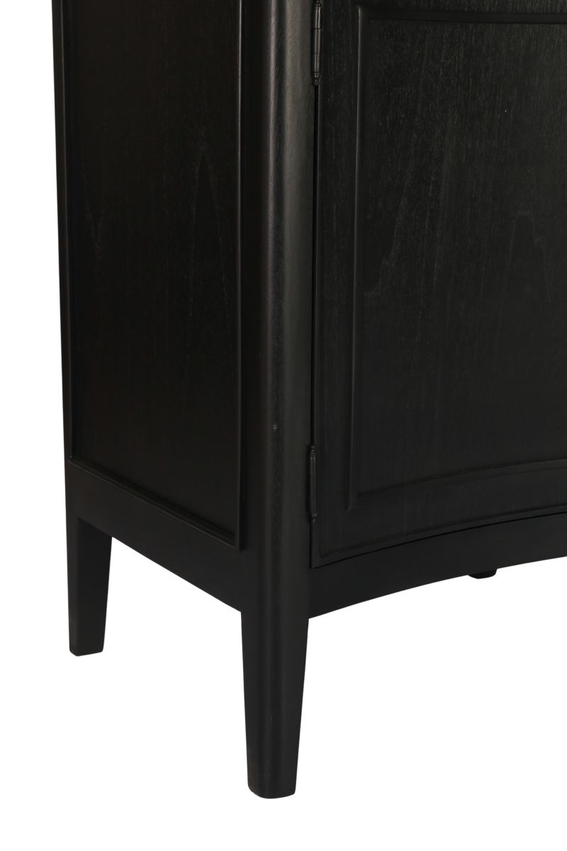 Black sideboard with doors and drawers, rattan inlay on top 