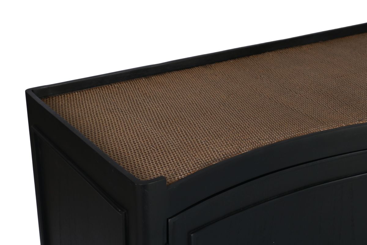 Black sideboard with doors and drawers, rattan inlay on top 