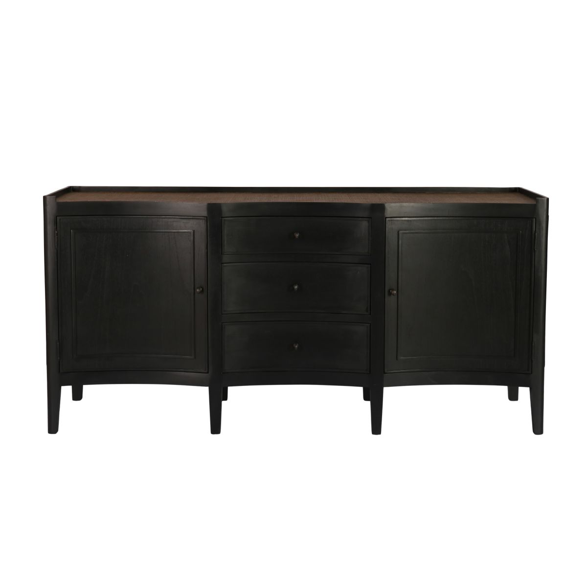 Black sideboard with doors and drawers, rattan inlay on top 