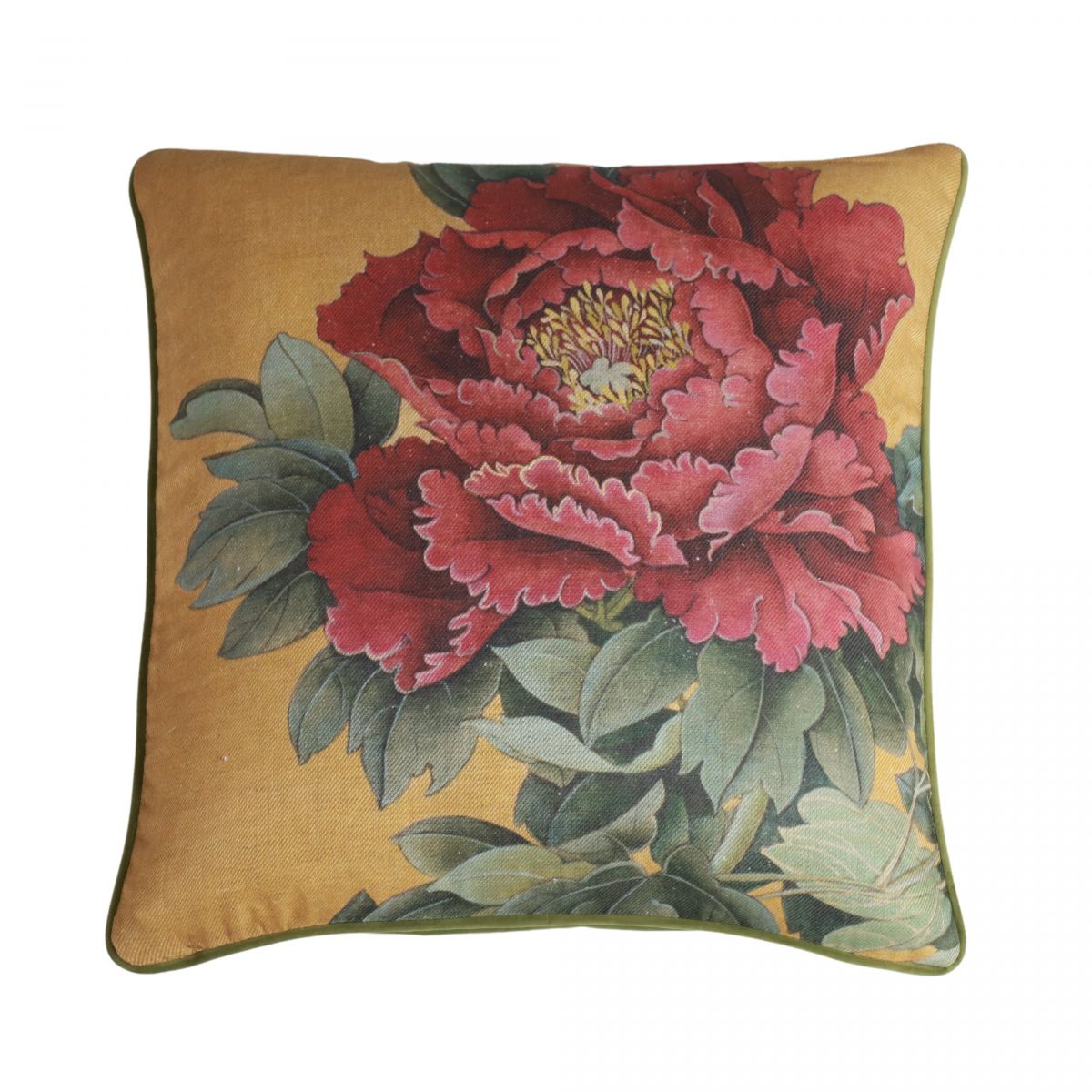 Red flower cushion on mustard background green velvet backing