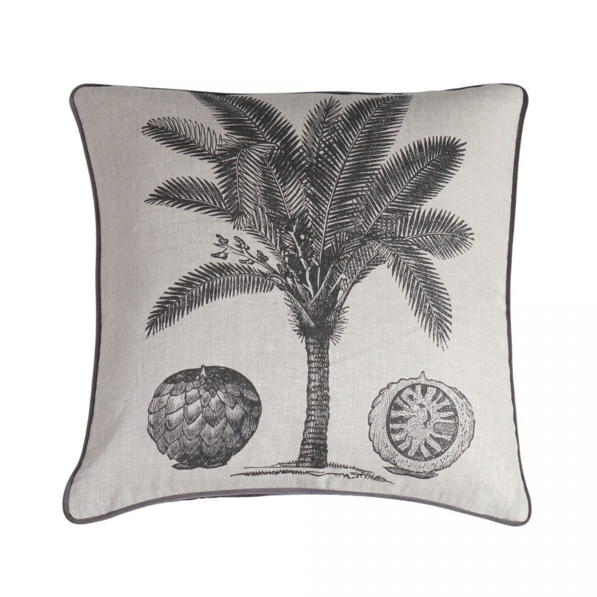 charcoal palm cushion with grey velvet backing